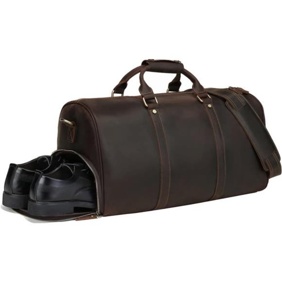 Men's Leather Duffel Bag Vintage Full Grain Leather w/ Shoes Compartment Leather
